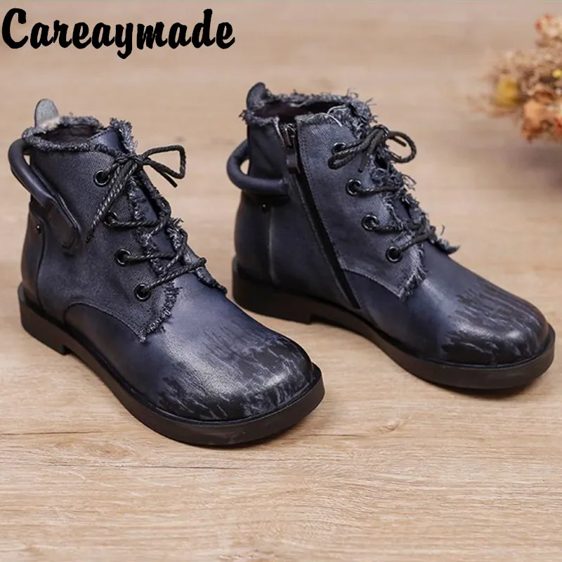 Careaymade-Genuine leather Casual Boots Women's Boots large head retro colored short boots Women made old Korean spot boots