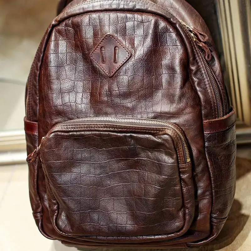 Vintage handmade vegetable tanned cowhide men's women's backpack casual outdoor travel work genuine leather laptop bookbag