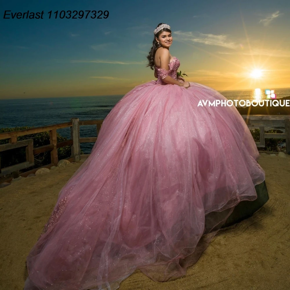 EVLAST Sparkly Pink Quinceanera Dress Ball Gown Shiny Lace Applique Beading Mexico corsetto Sweet 16 Vestido De 15 Anos TQD945