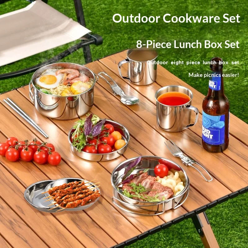 

Stainless Steel Camping Picnic Outdoor Cookware Set Pot Portable Mountaineering Pot Storage Folding Tableware Set Combination