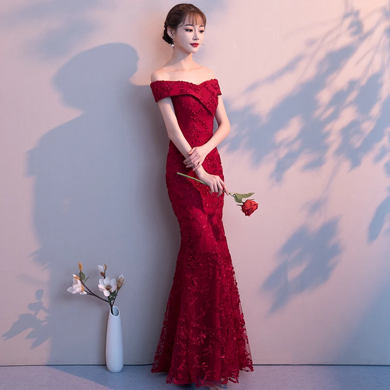 Banquet Evening Dress Dress Women's Wedding New Slimming Long Slim Fishtail Red Toast Dress Bridal Temperament