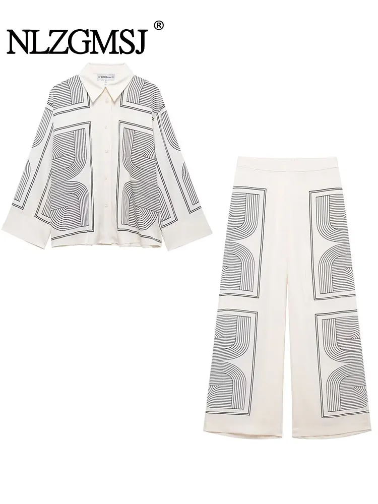 

Весенние женские комплекты 2025 года, повседневные комплекты с прямыми брюками, свободные женские рубашки с длинным рукавом и принтом саржи, топ для женщин, комплекты из 2 предметов