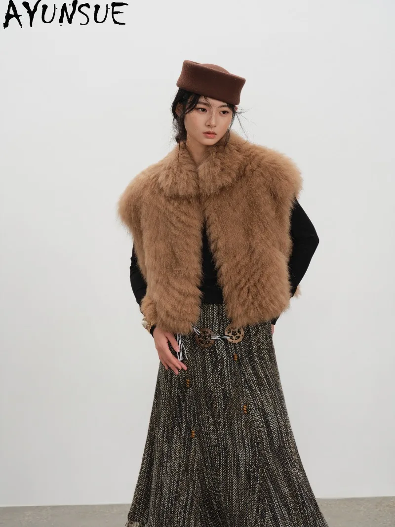 AYUSNUE Women Fox Fur Stitched Vest Short Furry Sleeveless Waistcoat Fox Strip Fur Gilet Winter Ladies Short Fur Outerwear 2026