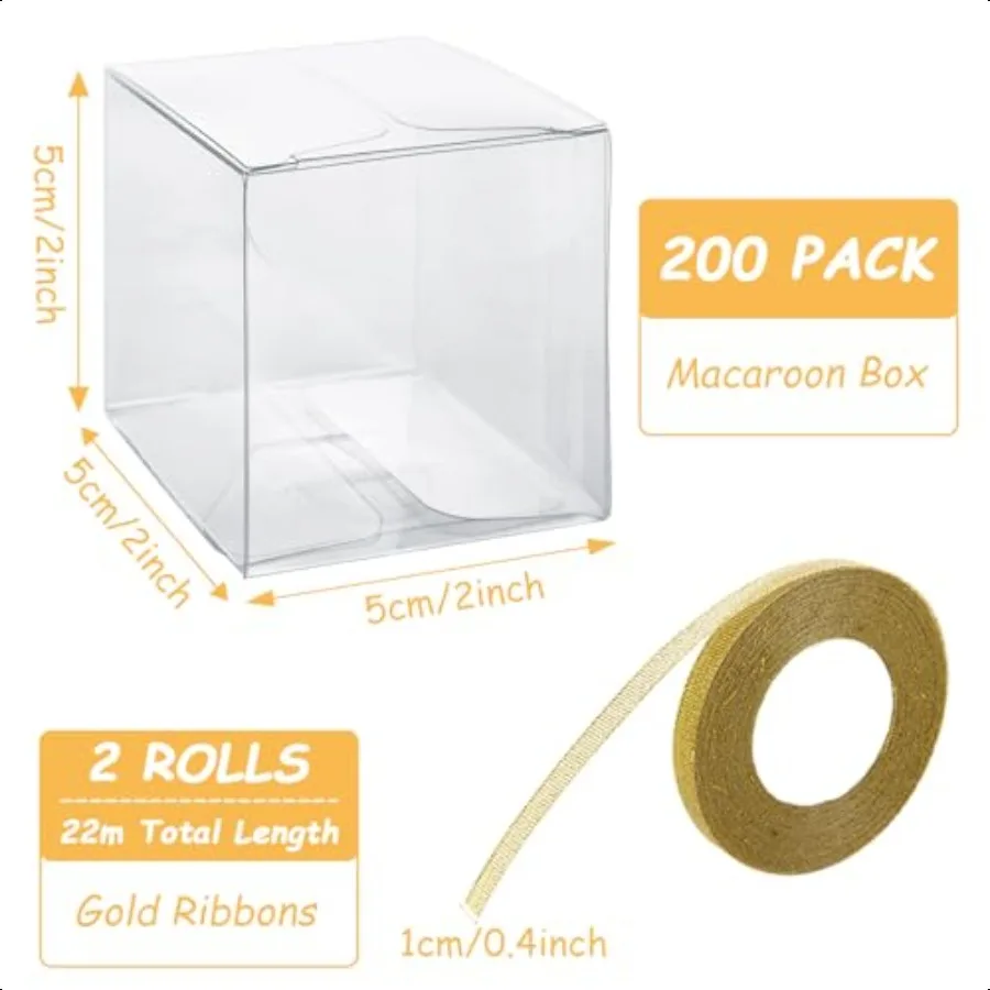 200 Pack 2x2x2 Inch Clear Favor Boxes with Gift Ribbons Small Treat Boxes Transparent Cube Box Plastic Gift Boxes Individual ar