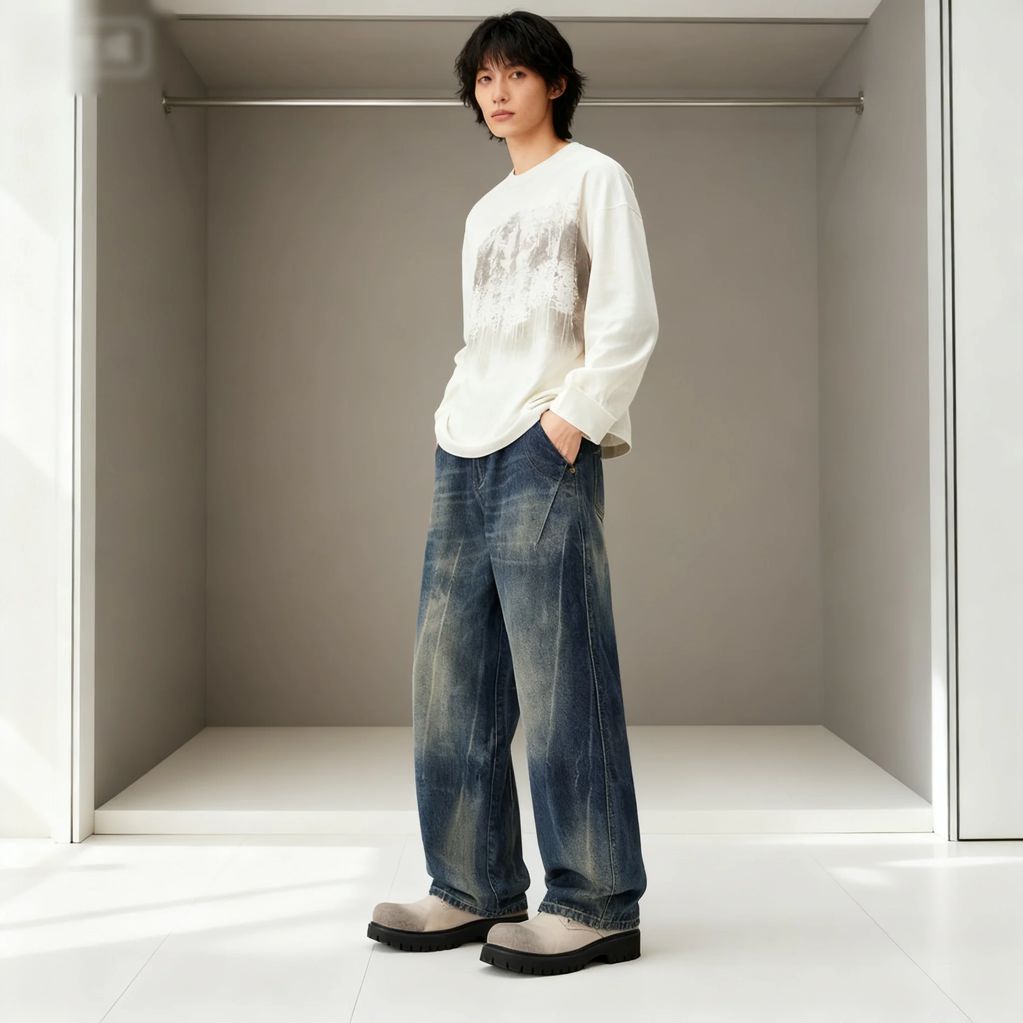 

High end American fashion brand jeans for men, fashionable loose straight leg hanging feeling, casual versatile denim pants