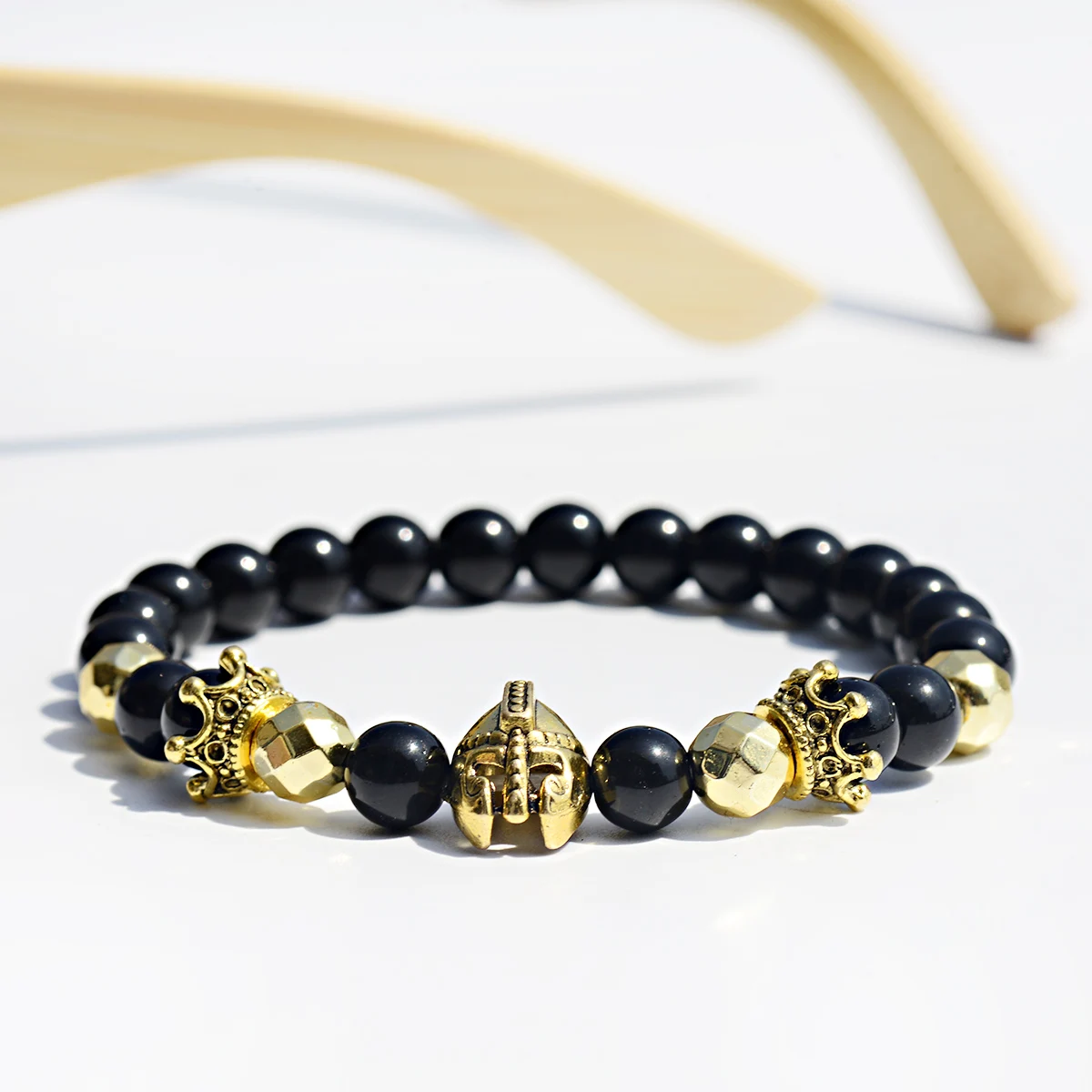 Luxury Crown Spartan Warrior Gladiator Helmet Bracelet Homme Men Classic Natural Stone Beaded Bracelet Jewelry Pulseira Hombres