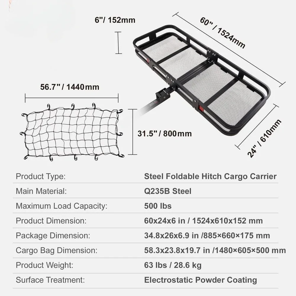 US  Hitch Mount Cargo Carrier 60  x 24. x 6 Basket Carrier Rack 500 lbs. Load w/Cargo Net for 2 in. Hitch Receiver