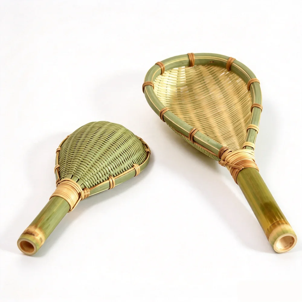 Atural Bamboo Strainer Spoon Handmade Woven Long Handle Sieve For Grain Sorting Rice Washing Table Rustic Kitchen Decoration