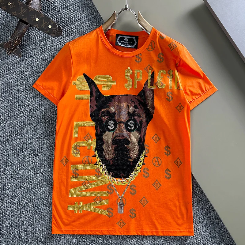 Alex Plein Rhinestones Dobermann Cotton Men's Fashion Cloth 2024 Summer Contrast Collor Casual Round Neck Short Sleeve Tshirt