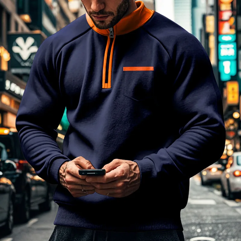 Men-Fleece-Lined-Half-Zip-Sweatshirt-Stand-Collar-Color-Block-Pocket-Pullover-Autumn-Winter-Loose-Casual-Warm-Long-Sleeve-Tops