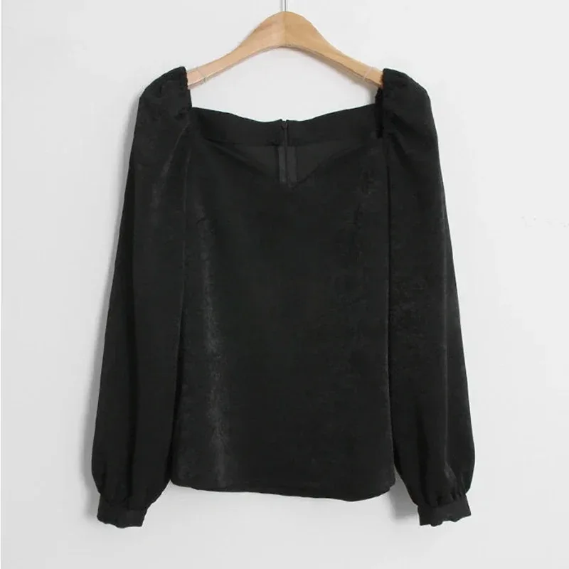 Vintage Blouse with Petal Collar for Women, Long Sleeve, Black Shirt for Ladies, Elegant Tops, New Korean Style, 13101