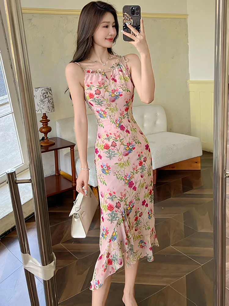 2025 pint Floral Chic à volants fronde Sexy longue robe femmes élégant décontracté plage Style robe été coréen moulante une pièce robe