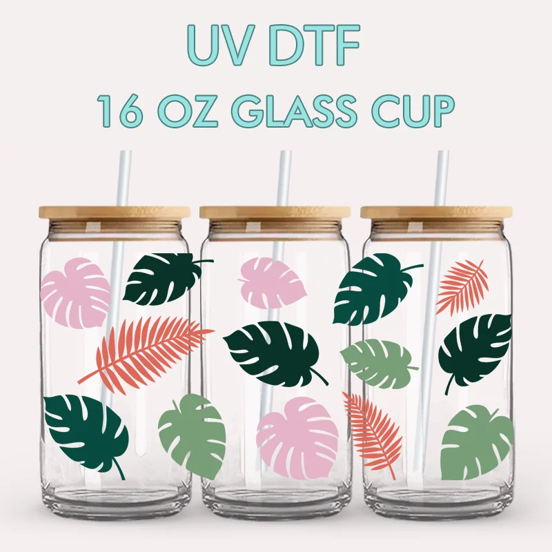 Tropical Palm Leaves UV DTF Cup Wraps For 16oz Glass Cups DIY Waterproof Rub On Transfer Stickers