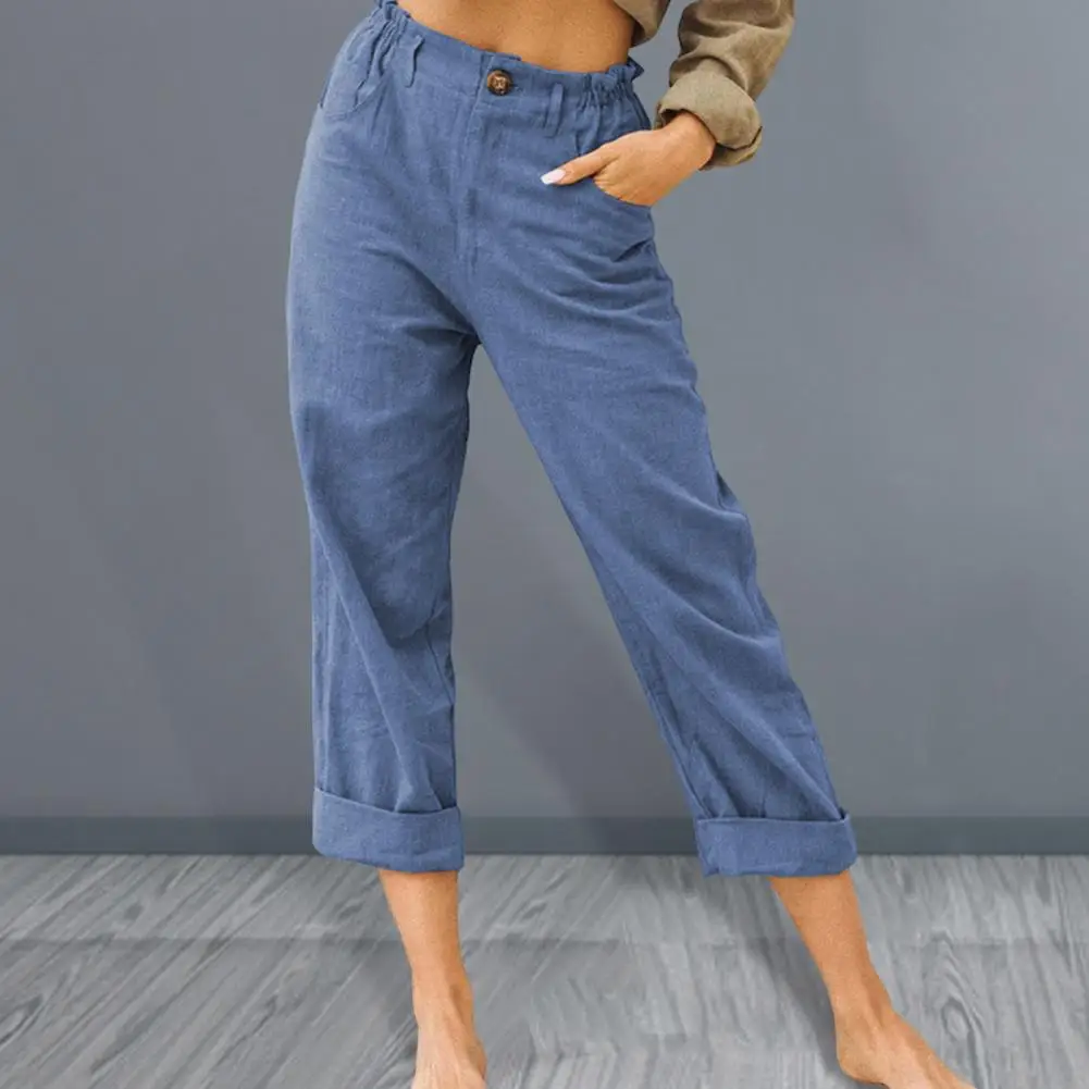 Loose Fit Summer Pants Women Pants Solid Color Women's Casual Pants with Elastic Waist Button Zipper Fly Pockets Loose Fit for A