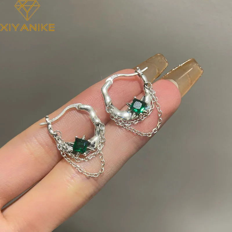 

XIYANIKE Emerald Zirconia Chain Tassel Thai Silver Ear Buckle Earrings For Women Girl Sweet Fashion Retro New Jewelry Gift Party