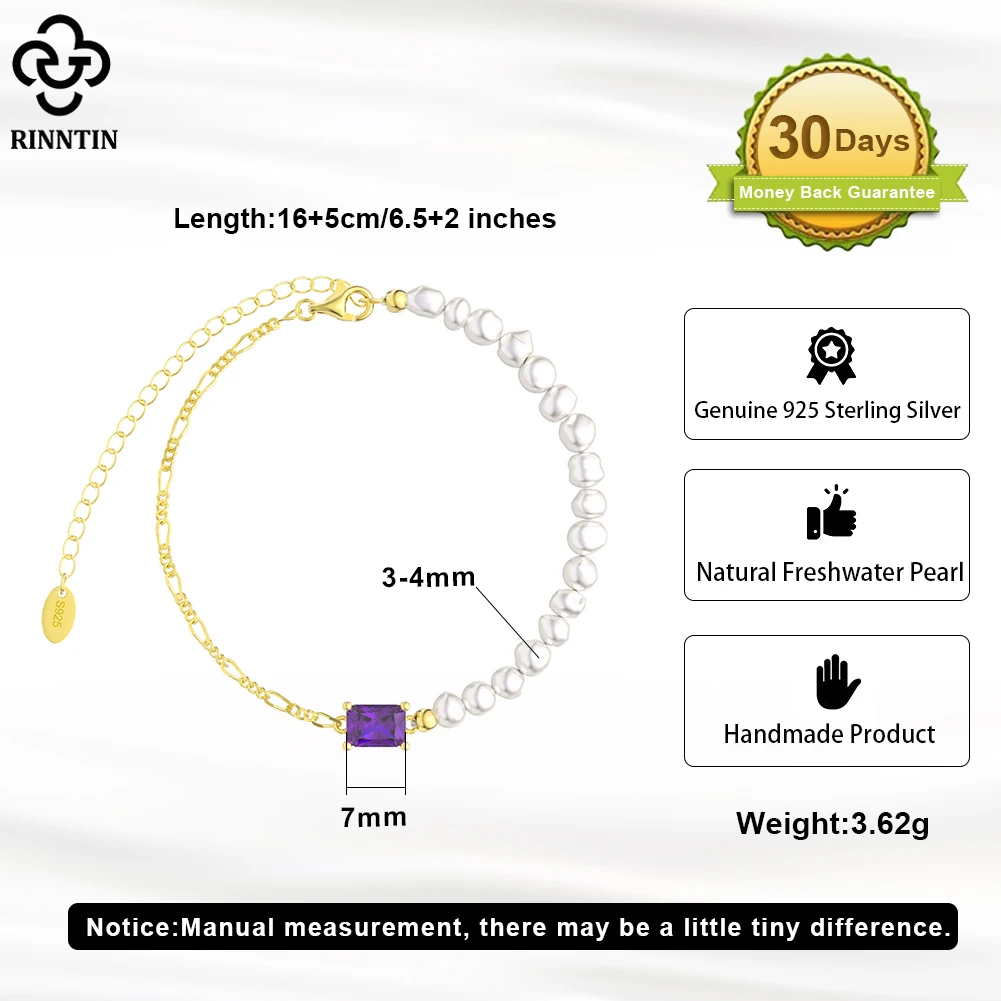 Rinntin 925 Sterling Silver Figaro Chain with Natural Baroque Pearl Bracelet for Women Fashion Asymmetric Jewelry GPB24