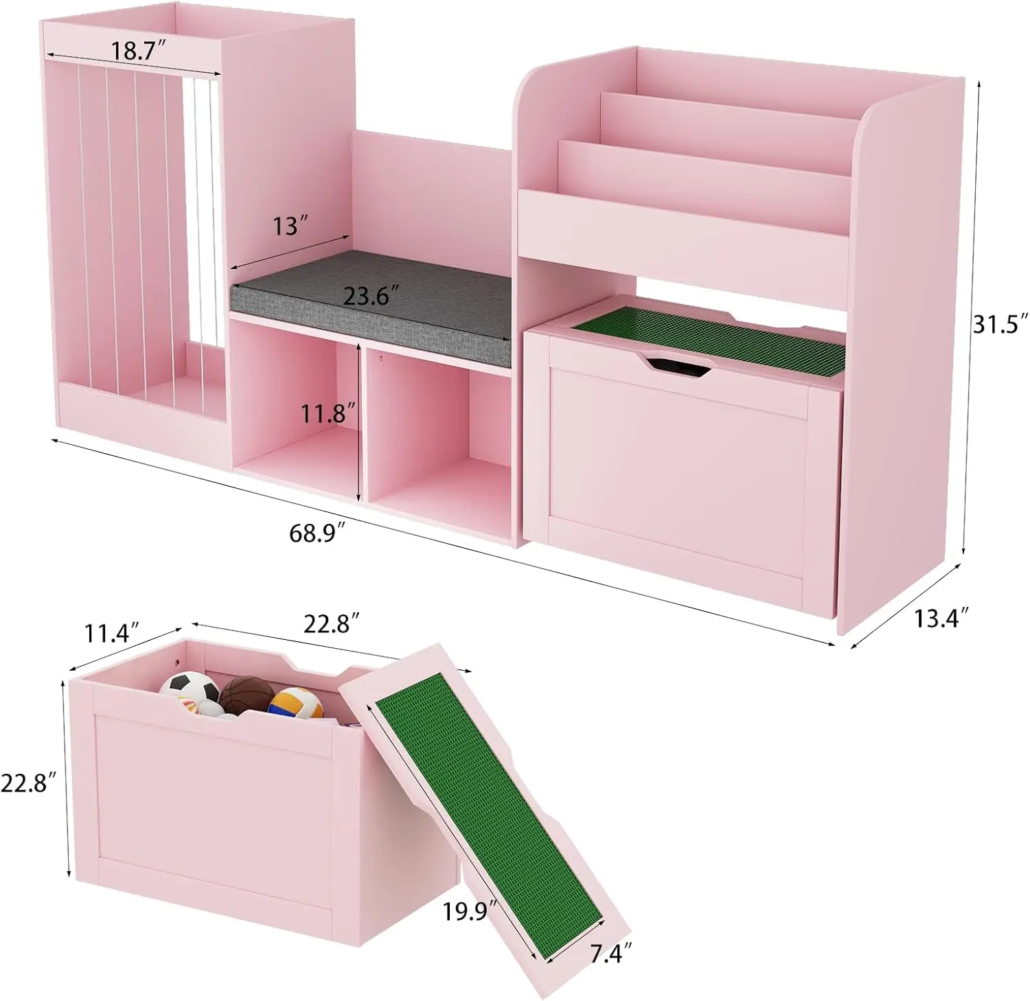 68.9 Inch Kids Toy Storage Reading Nook Bookshelf Drawer Wooden 3 Tiered Rolling Box Building Baseplate Play Lid Lego 122L Stuff
