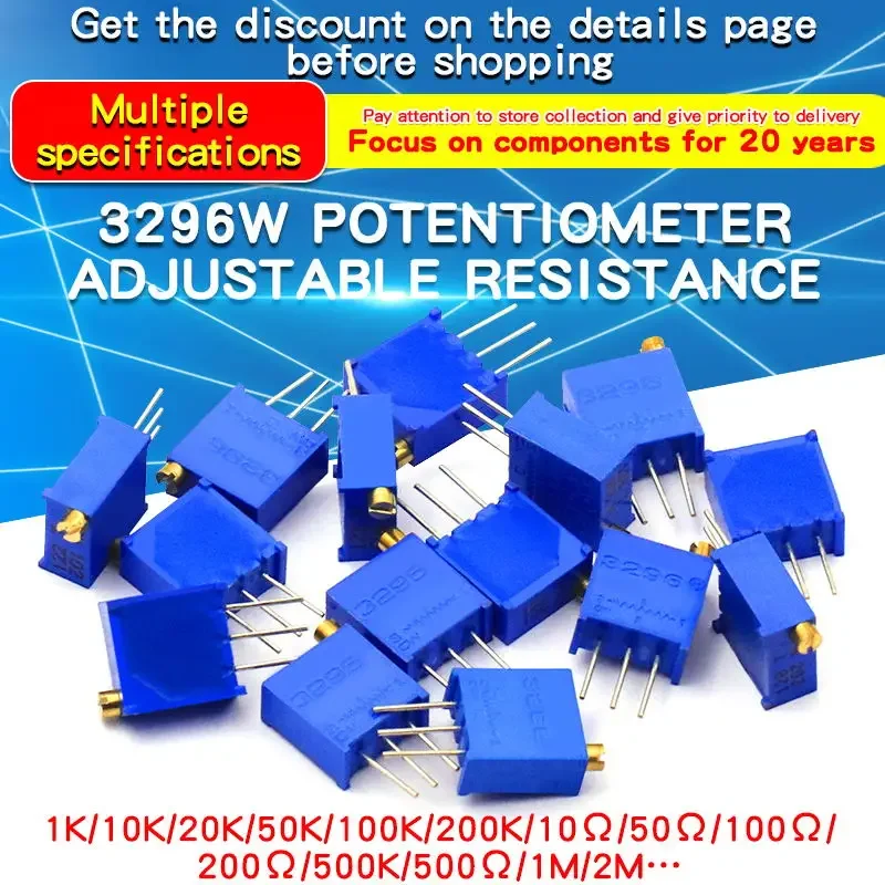 10PCS 3296 Trimmer Potentiometer Kit High Precision 3296W Variable Resistor 10-1KOhm 10R 50R 1k 2k 5K 10K 20K 50K 100K 200k 500k
