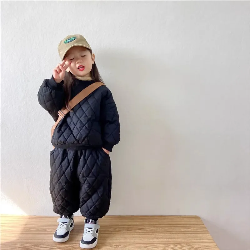 Children's Winter Clothing Set New Fashion Boys Girls Thickened Cotton Padded Jacket Long Pants 2-Piece Outfit