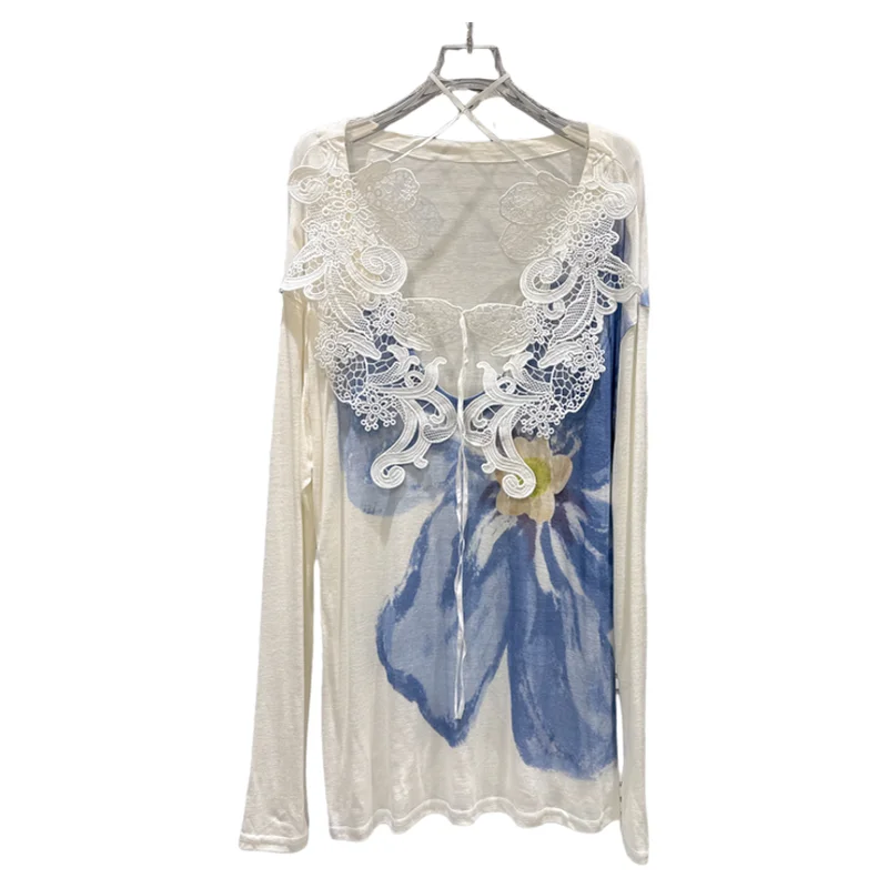 

Spring Summer Casual Loose Fit Floral Long Sve Women's T-irt Elastic V-ne Hook Design Faionable Trendy Sle Top