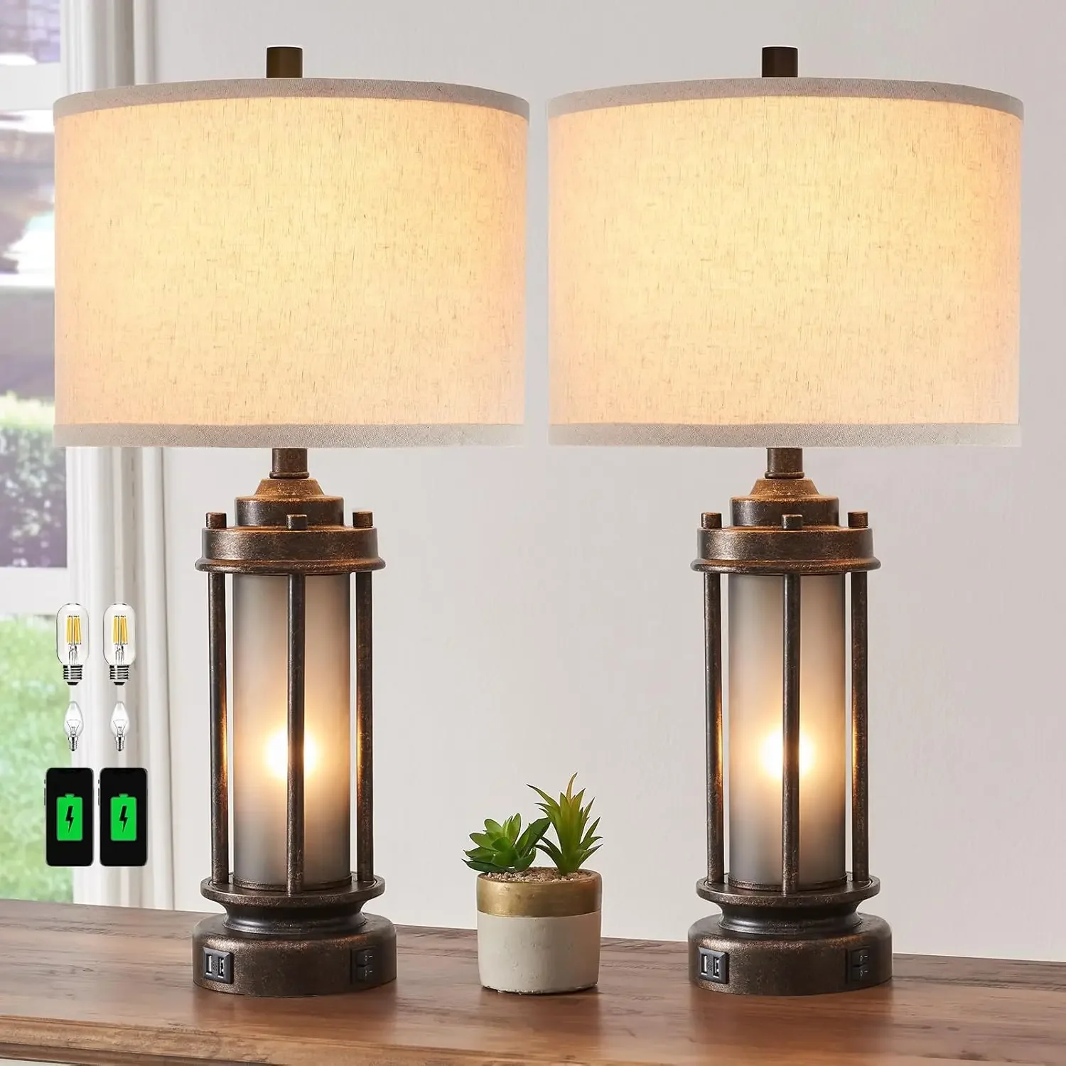 Farmhouse Lamps for Living Room, Rustic Vintage Bedroom Nightstand Table Lamp with 2 USB Charging Ports, Built-In Frost