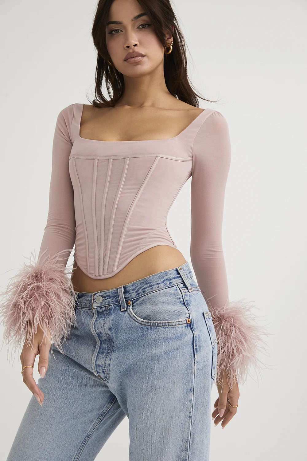 Women\'s Feather Trim Long Sleeve Crop Top Square Neck Bustier Corset Top Faux Fur Y2K Fairy Basic Summer Tee Shirt