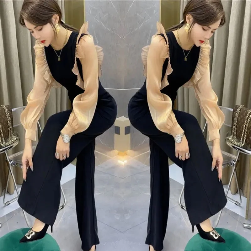 Net Red Temperament Ladies Jumpsuit Female 2025 Spring New Fungus Edge Waist Waist Show Thin Wide Leg Jumpsuit Suit