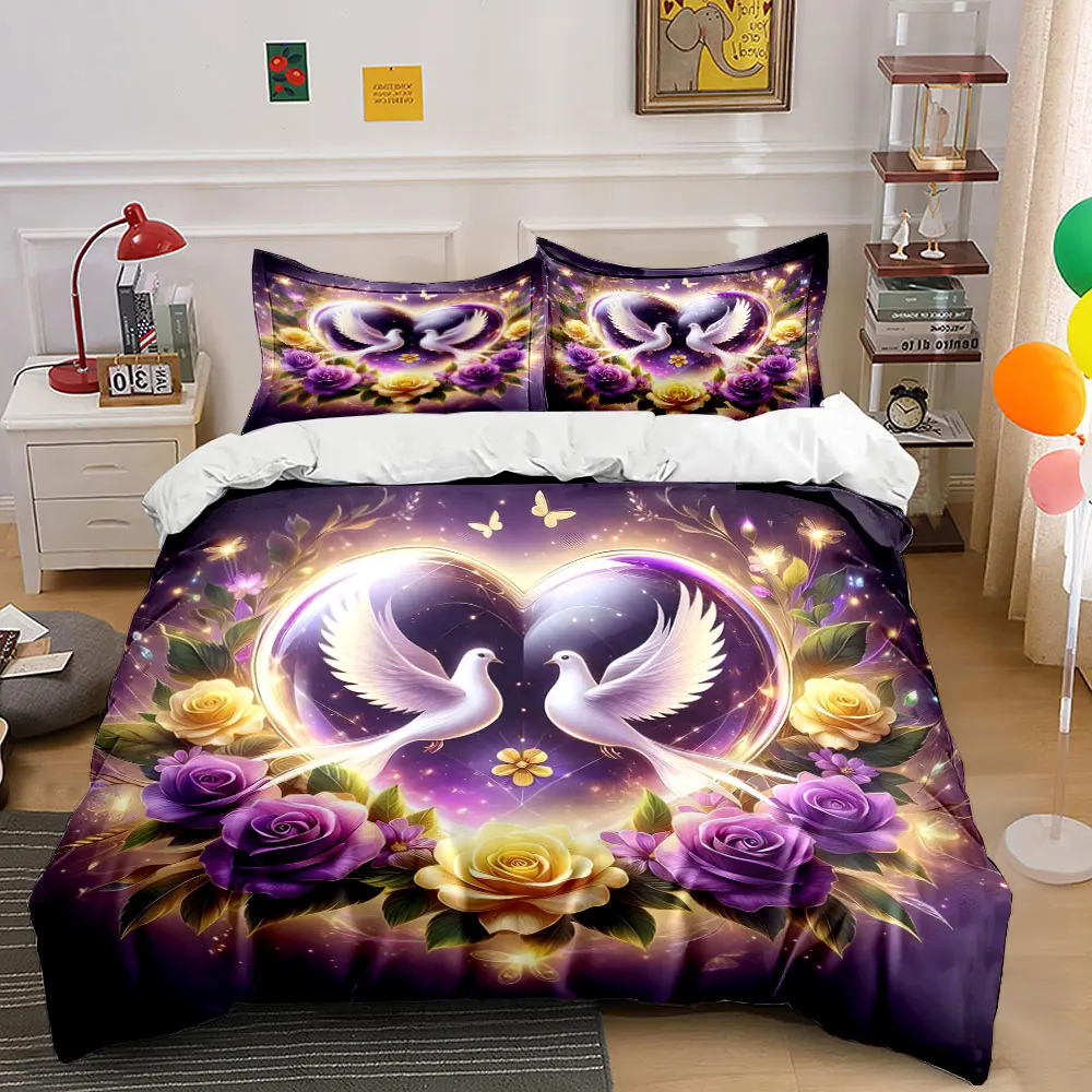 Romantic doves and heart-shaped flowers Bedding Set for Kids Luxury Gift 3pcs Digital Print Comforter Set Soft Comfortable