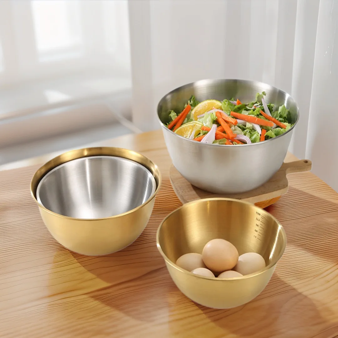 17cm Stainless Steel Gold And Silver Salad Bowl with scale Rice Noodles Lamian Noodles Bowl Kitchen Tableware Food Container