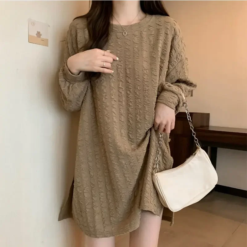 Casual Split Hem Loose T Shirt Tops Spring Autumn New Long Sleeve O-neck Solid Youth Pullovers Fashion Vintage Women Clothing