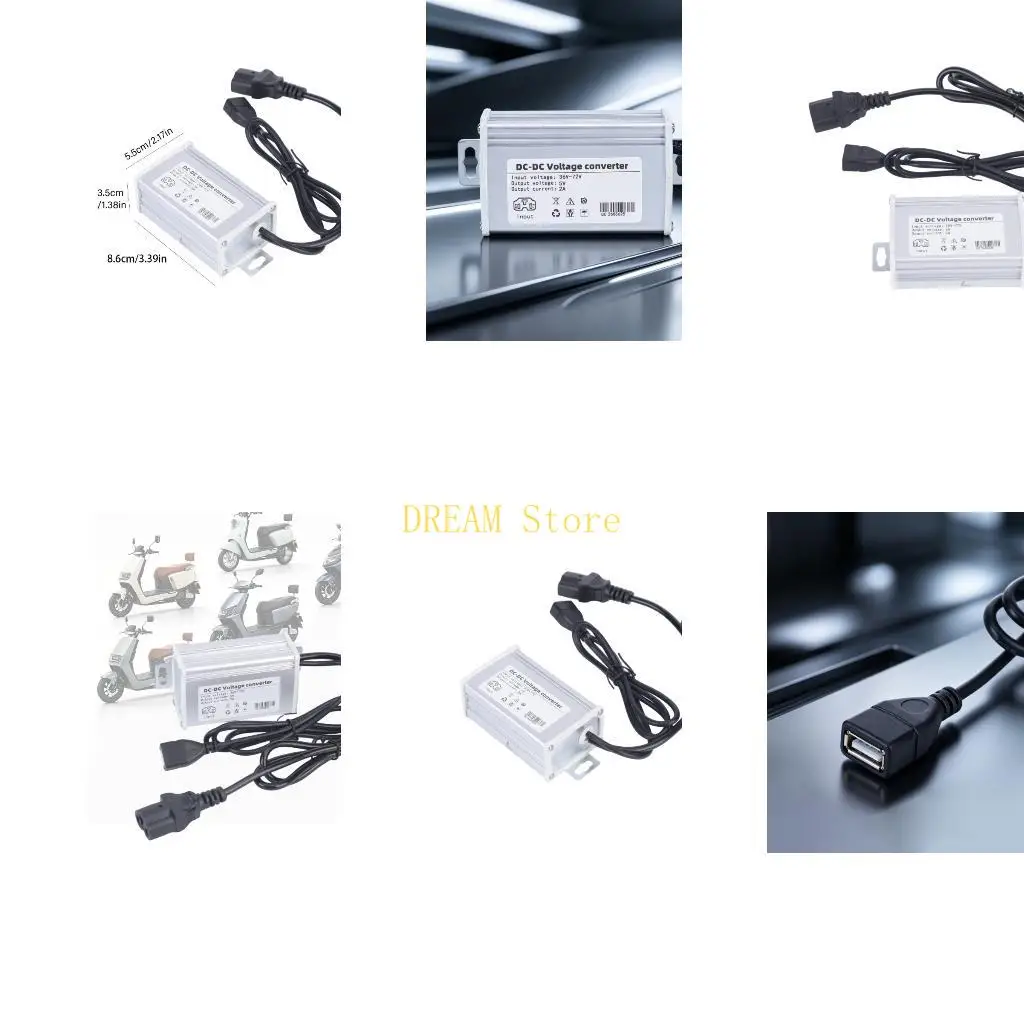 Power Converter for Electric Bike Accessory Use, 36V-72V Input with 3 Pin Port and Female USB Adapter for Scooter Cable Routing