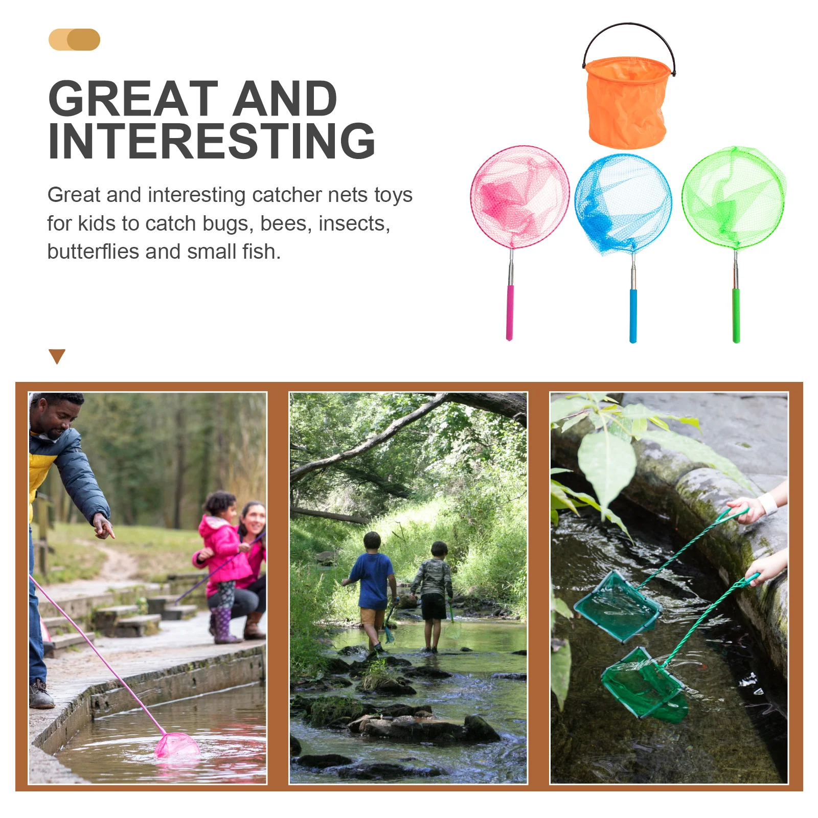 

1 Set Outdoor Bucket Kids Fish Net Extendable Butterflies Catcher For Catching Insects Small Fish Retractable Lightweight Easy