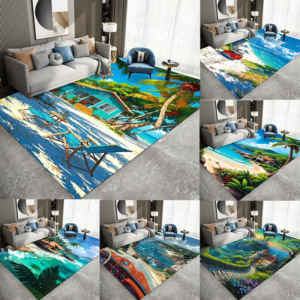 Tropical Beach Scene Carpet  With Palm Tree Flowers Vintage Car Coastal Road Waterfront Hut Patterns Rug For Living Room Decor