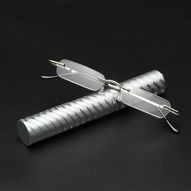 Mini Tragbare Lesebrille Kleine Metall Randlose Presbyopie Brillen Mit Stift Rohr Fall Mini Lesen Brillen + 3,5 + 4