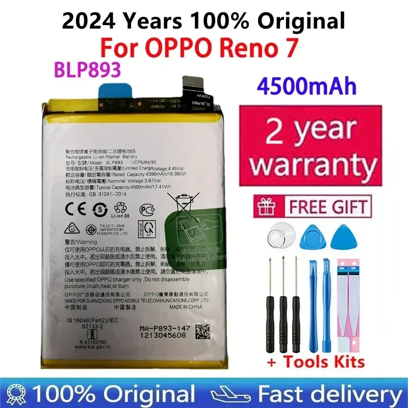 

2024 Years 100% Original BLP893 4500mAh Battery For OPPO Reno7 / RENO 7 Repair Part Capacity Phone Batteries Fast Shipping