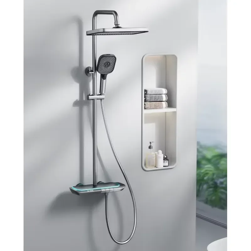 Grey Ceramic Rectangle Piano Texture Wall Mount 3-Function Thermostatic Shower Head Slide Bar Polished Brass Rain Soft