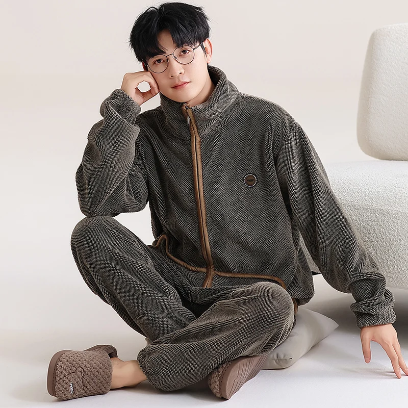 Flannel Pajamas Men Zipper Cardigan Loose Thick Coral Fleece Home Service Suit Autumn Winter Keep Warm Casual Tracksuit XXXL