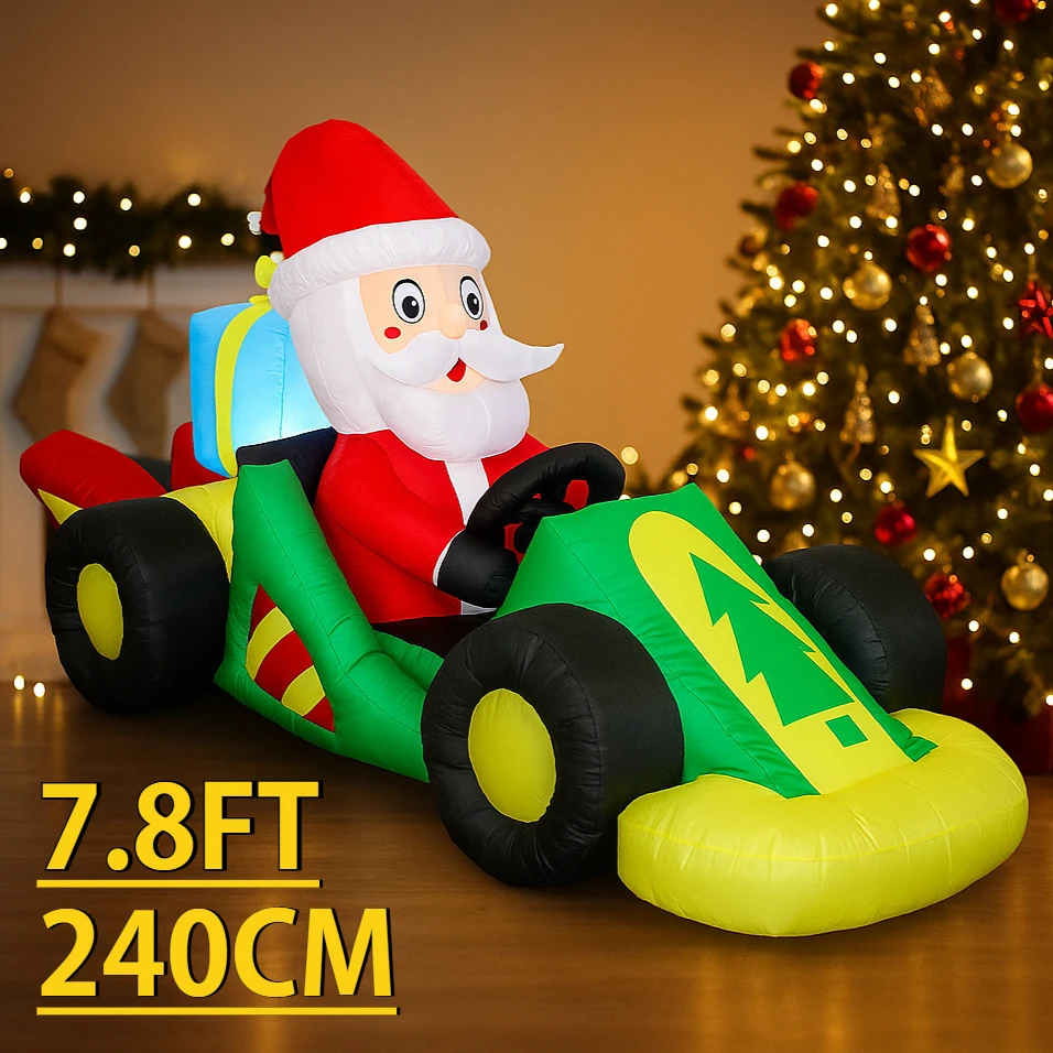 7.8FT هدايا عيد الميلاد لوازم الألعاب زينة عيد الميلاد نفخ سانتا القيادة سباق السيارات LED مضاءة ساحة ديكور احتفالي زخرفة المنزل