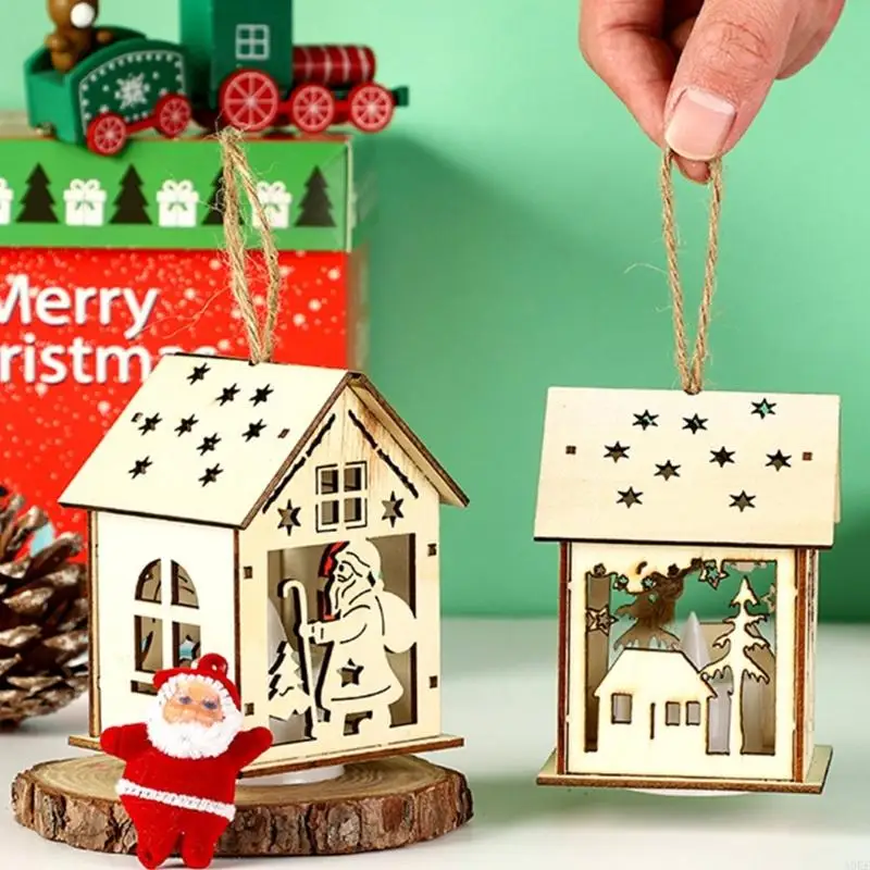 A0KE Christmas Wooden House Decoration With Warm LED Light Illuminated Cottage Ornament For Seasonal Display