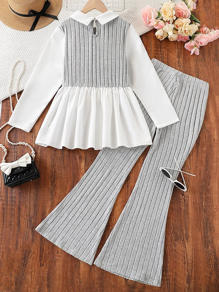Autumn And Winter Women's And Children's Color Blocked Bow Decoration Shirt Skirt&Solid Color Trumpet Pants Two-Piece Set