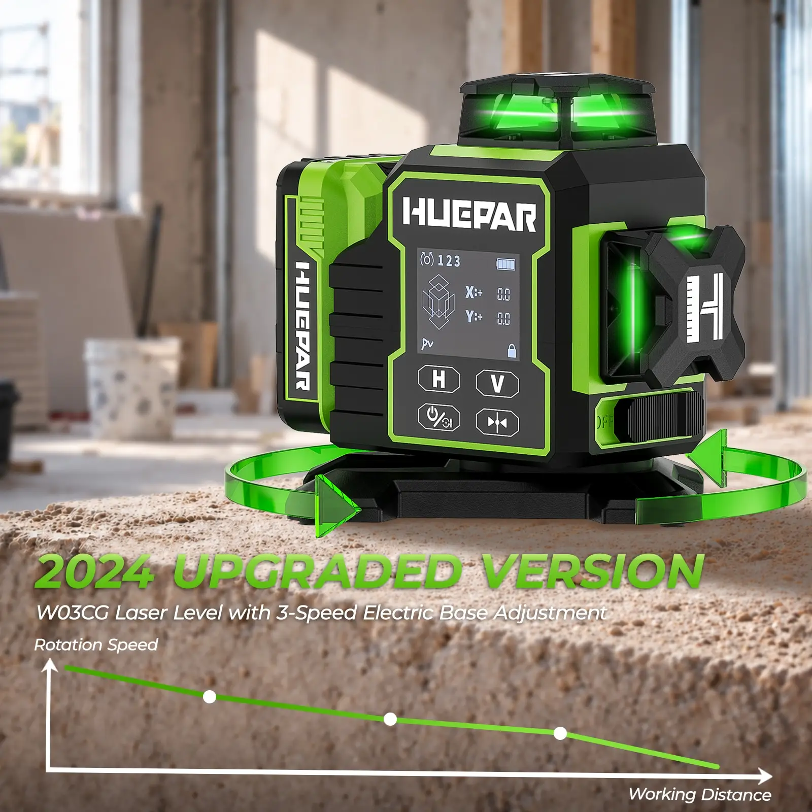 Huepar W03CG Laser Level Green Cross 3D 12 Lines Bluetooth Lazer Leveler With Electric Rotating Base & Large LCD Screen & Remote