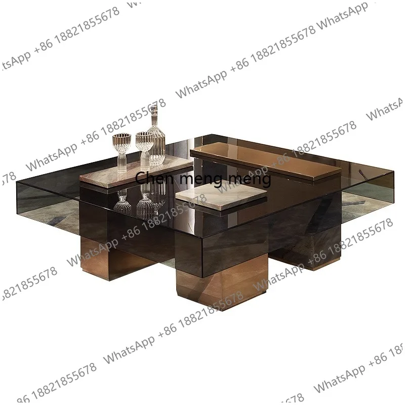 

Italian minimalist designer coffee table tempered glass square living room stainless steel tea table