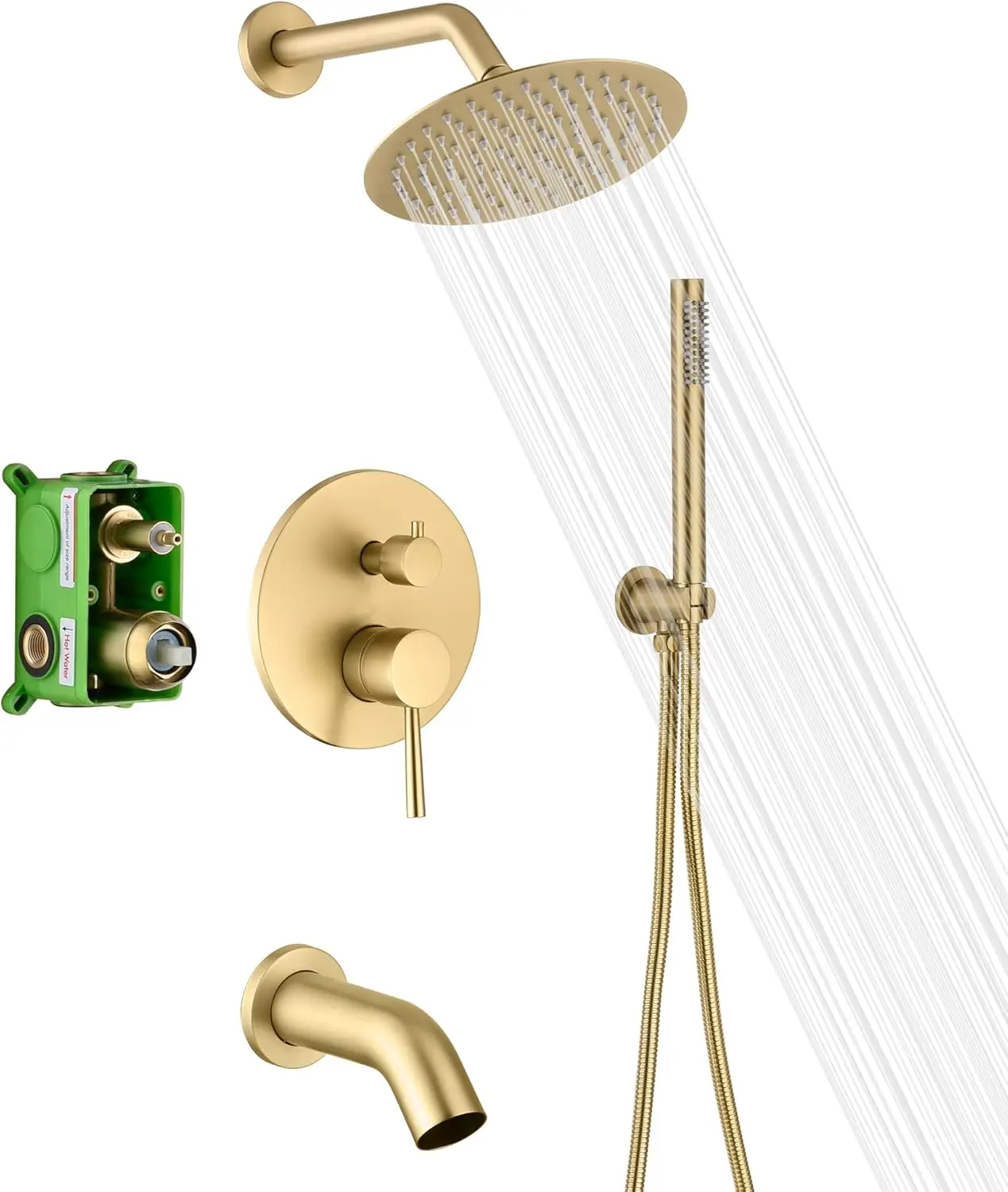 Brass Rain Shower System with Tub Spout, Handheld Shower, 8-Inch Head & Rough-in Valve in Brushed Gold