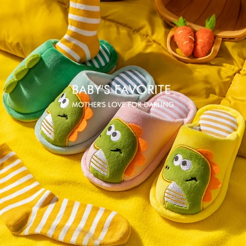 1-12T Autumn Winter Non-Slip Warm Children Slippers Home Cartoon Dinosaur Girl Shoes Soft Sole Baby Boys Fuzzy Slip-On Slippers