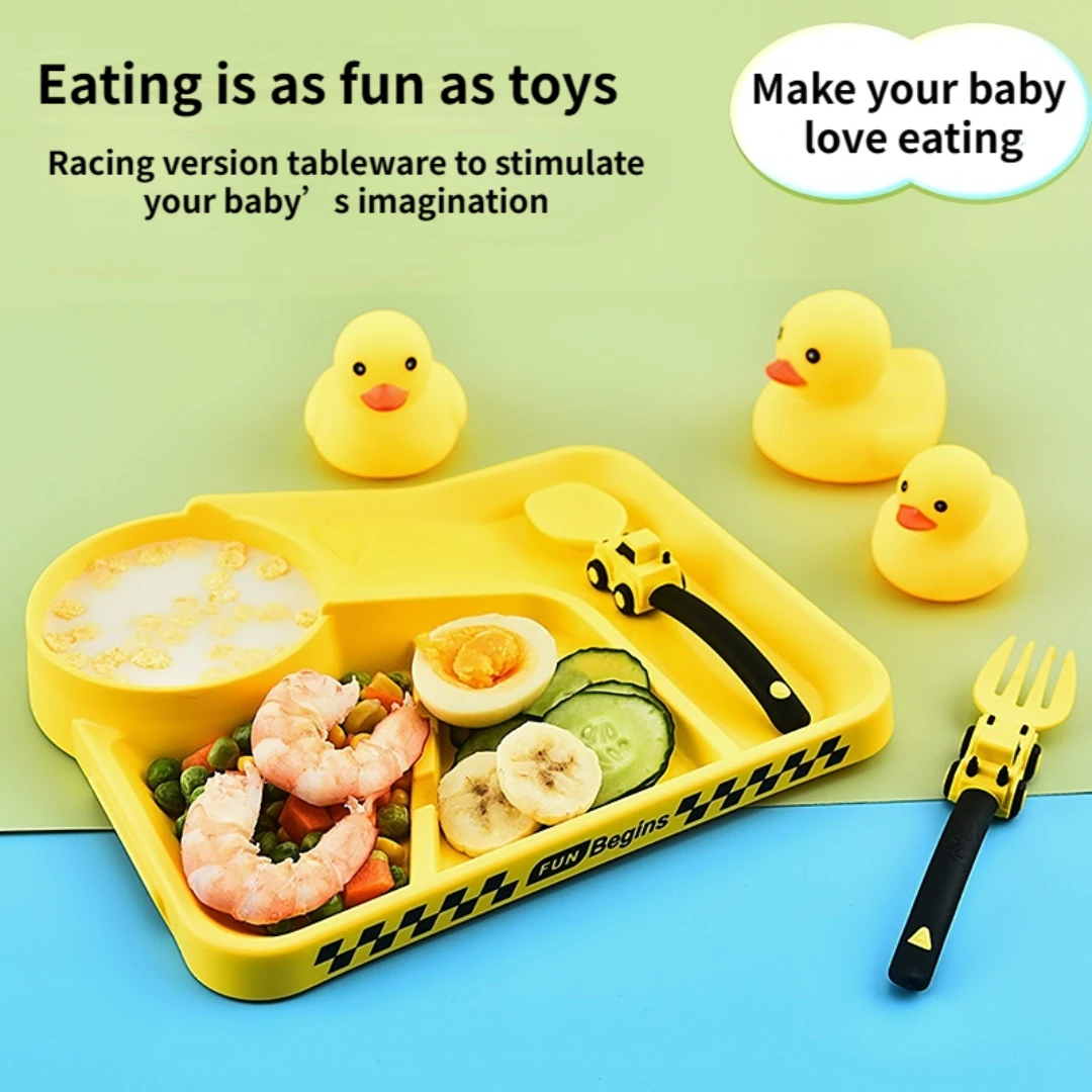 New Hot Selling Baby Tableware Set Spoon Fork Dinner Plate Children Racing Version Feeding Tableware Cartoon Car Design BPA Free