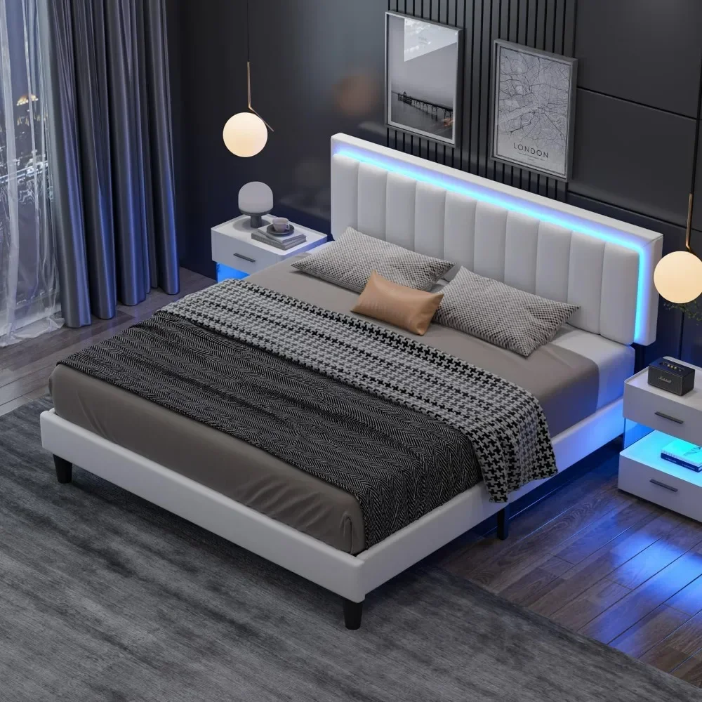 

Queen Bed Frame with LED Lights, Upholstered Bed Frame Queen with Headboard and Storage, Heavy Duty Wood,Beds