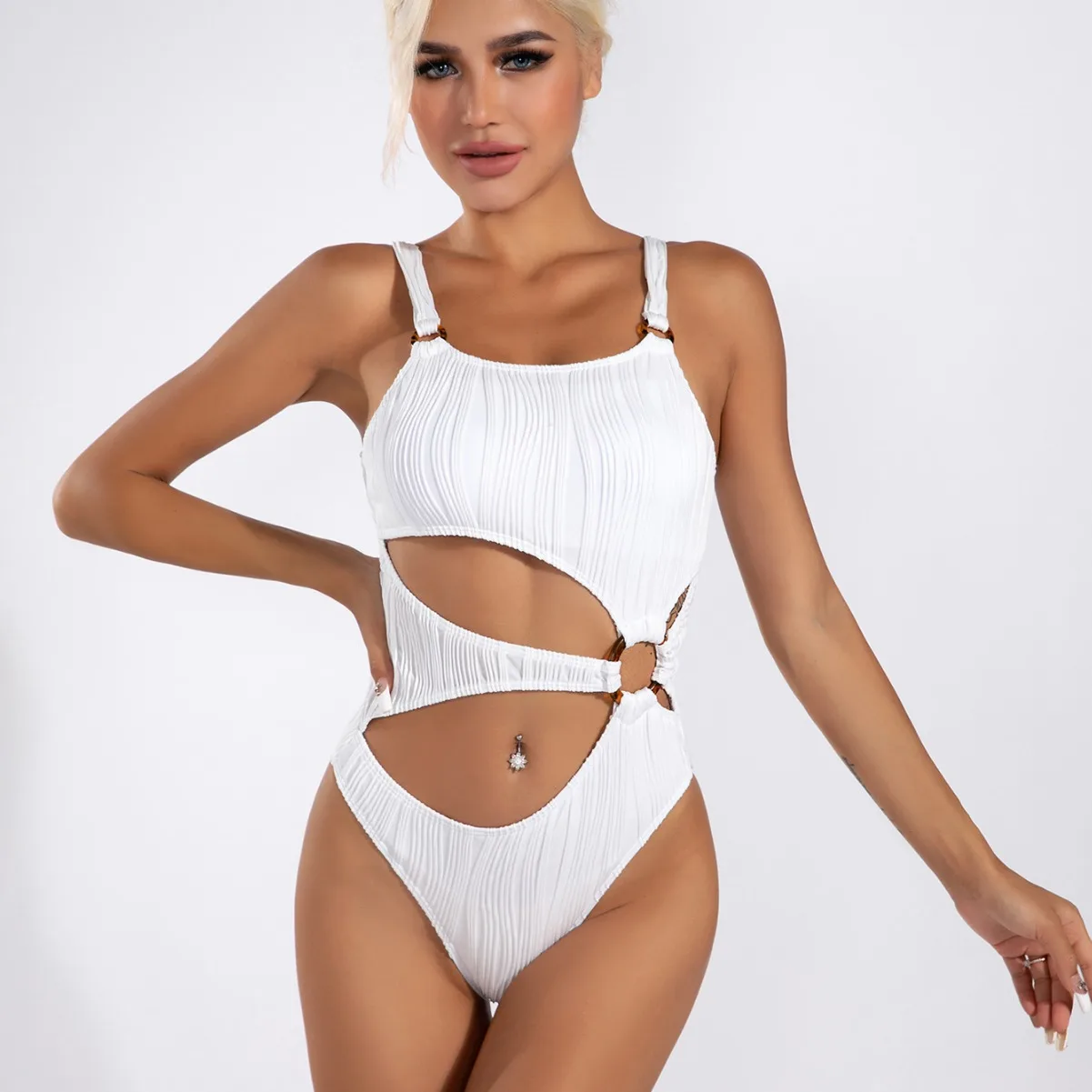 

Sexy White Hollow Out Bandeau Swimsuit One Piece Bikini High Cut Bodysuits Thong Swimsuit Padded Swimwear Bathing Suit Biquini