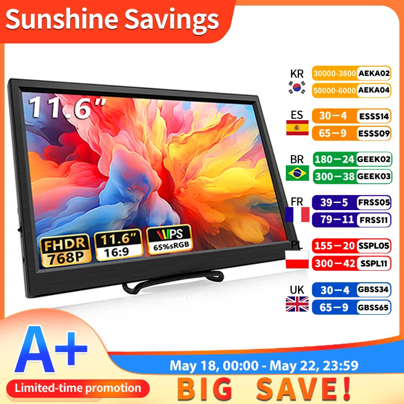 Moniteur portable compatible HDMI pour ordinateur portable, deuxième écran de jeu, affichage arc-en-ciel pour Switch, PS4, Xbox, Raspberry Pi, 11.6 pouces