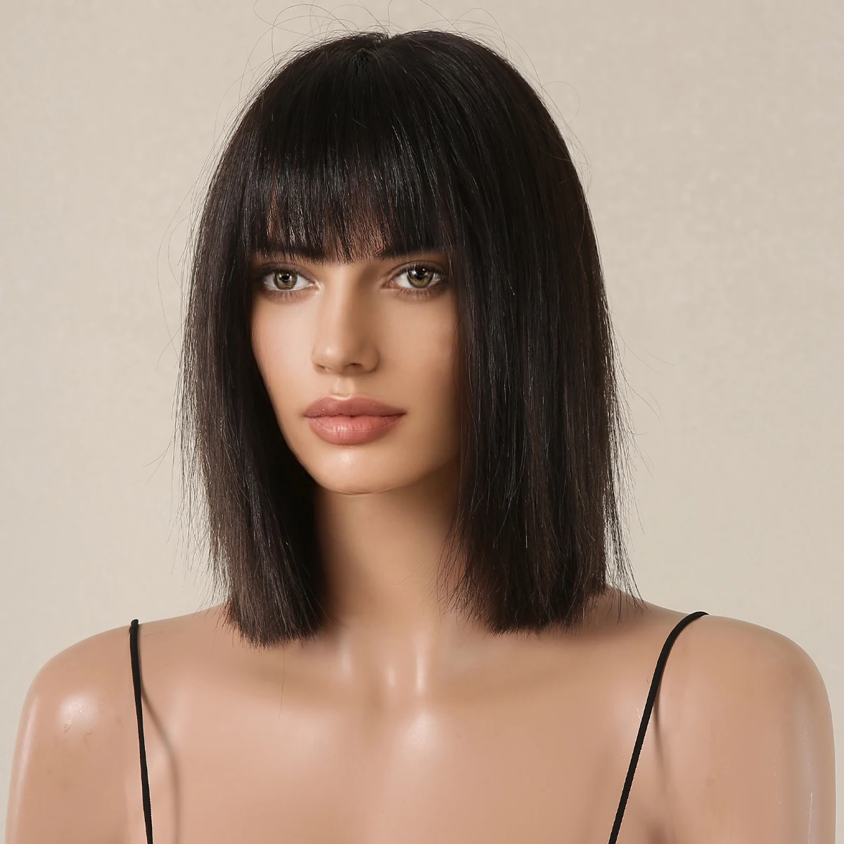 Black Bob Straight 100% Real Remy Human Hairs Wig for Women Natural Daily Short Wigs with Bangs Heat Resistant Dark Human Hair