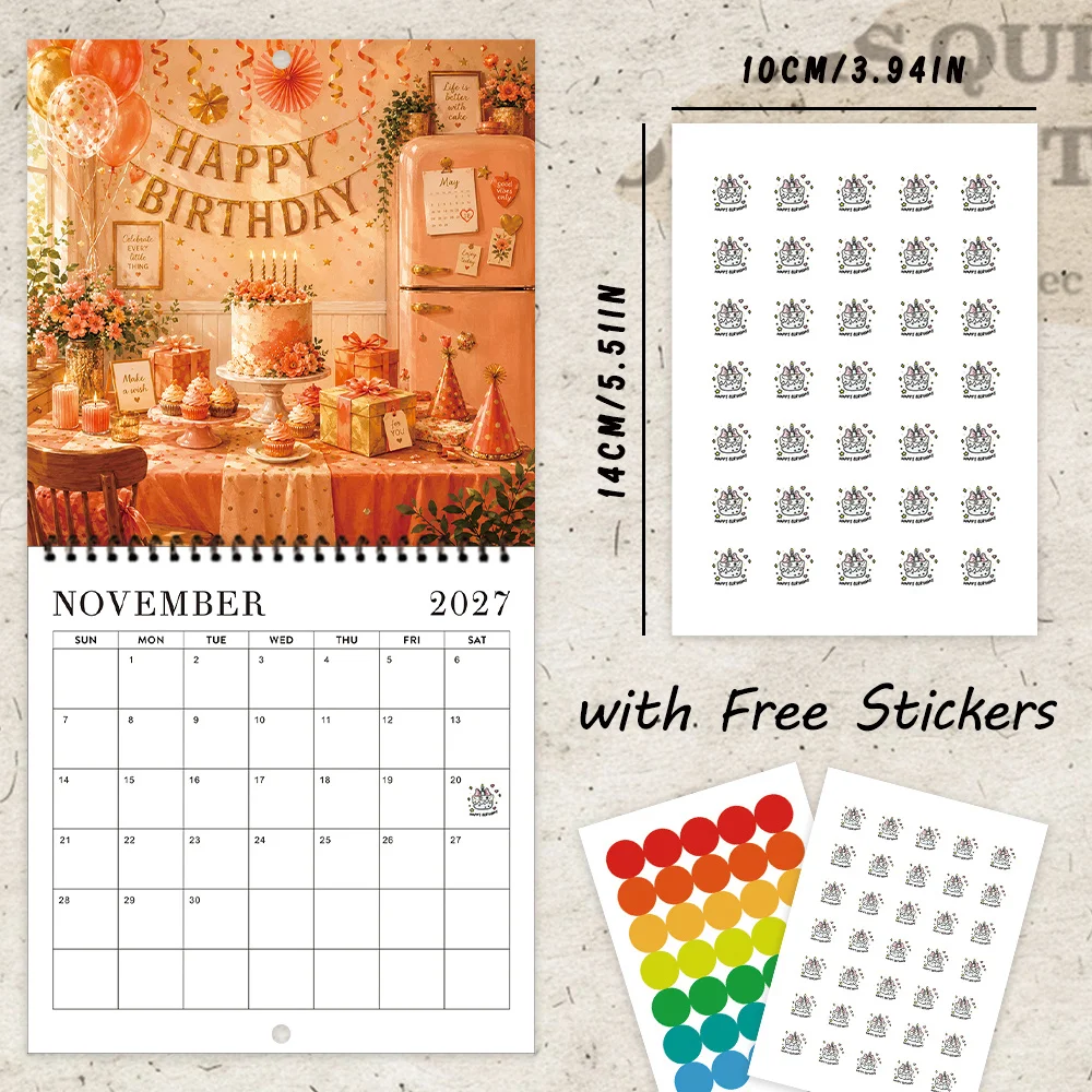 1pc 2027 Birthday Party Wall Calendar,12‑Month Planner,Gift For Back‑to‑School,Christmas,New Year,Free Stickers Included